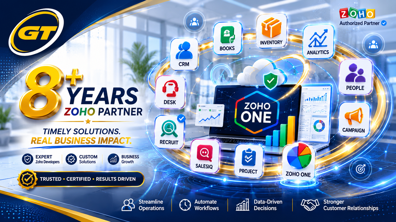 Goldentrade Solutions — 8+ Years Zoho Partner, trusted certified results-driven Zoho One implementation across CRM, Books, Inventory, Analytics, People and more